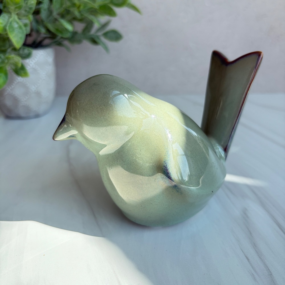 Sage Green Ceramic Bird Figurine Reactive Glaze Mid Century Modern Decor 4.5"